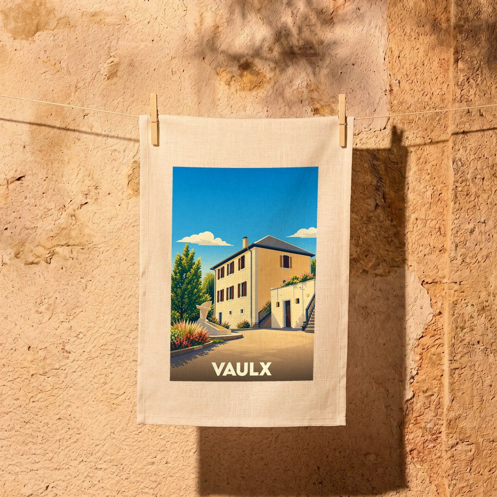 Torchon souvenir de la ville de Vaulx orné d'une illustration stylisée représentant une demeure traditionnelle.