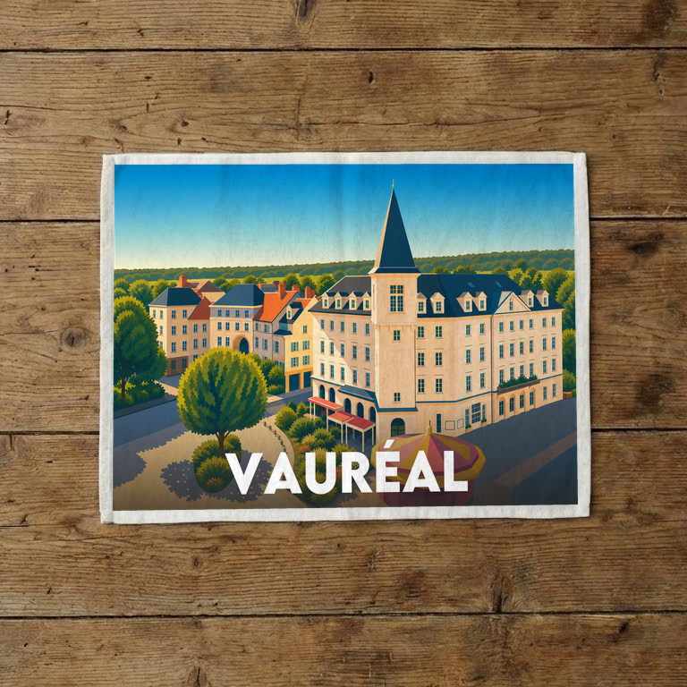 Torchon souvenir de la ville de Vauréal avec une illustration stylisée.
