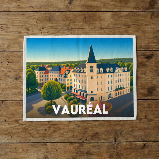 Torchon souvenir de la ville de Vauréal avec une illustration stylisée.