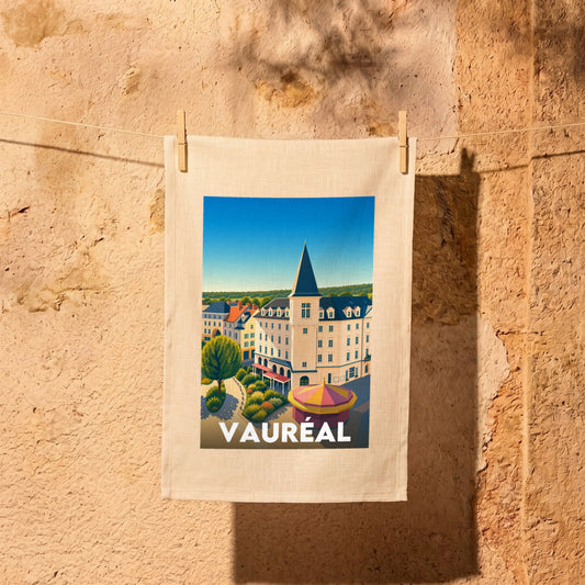 Torchon souvenir de la ville de Vauréal avec une illustration stylisée.