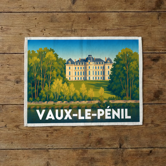 Torchon souvenir de la ville de Vaux-le-Pénil avec une illustration stylisée.