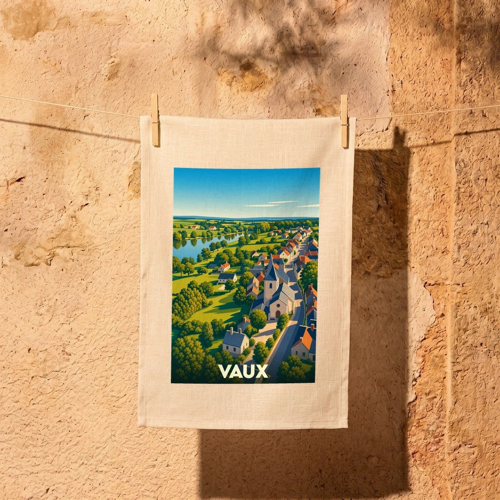 Torchon souvenir de la ville de Vaux avec une illustration stylisée de son paysage urbain et de sa campagne.