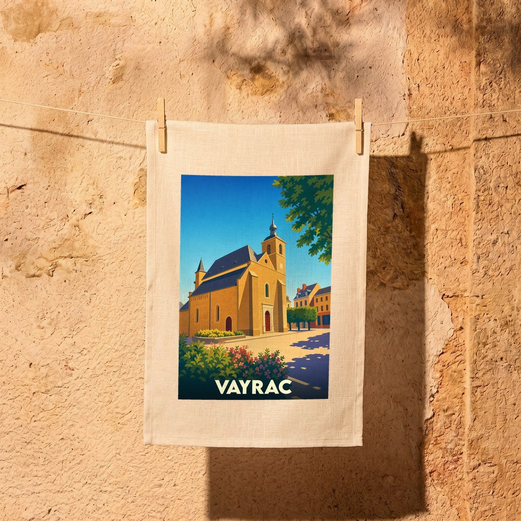 Torchon souvenir de la ville de Vayrac illustré d'une église sous un ciel bleu.
