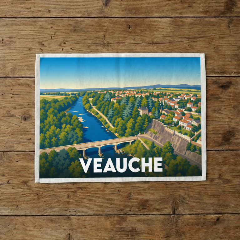 Torchon souvenir de la ville de Veauche avec une illustration stylisée représentant un pont sur la Loire.