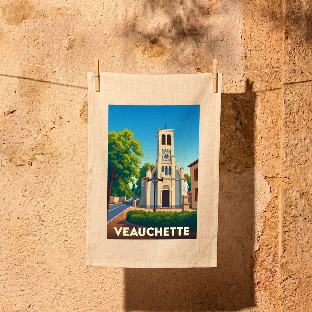 Torchon souvenir de la ville de Veauchette avec une illustration stylisée de son église.