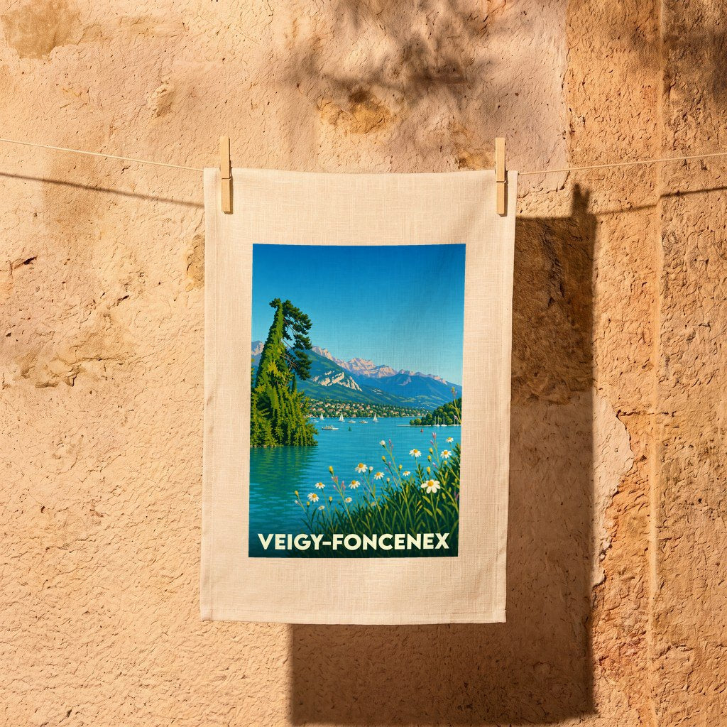 Torchon souvenir de la ville de Veigy-Foncenex avec une illustration stylisée d'un paysage lacustre.