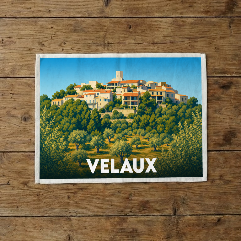 Torchon souvenir de la ville de Velaux avec une illustration stylisée d'un village provençal niché dans une oliveraie.