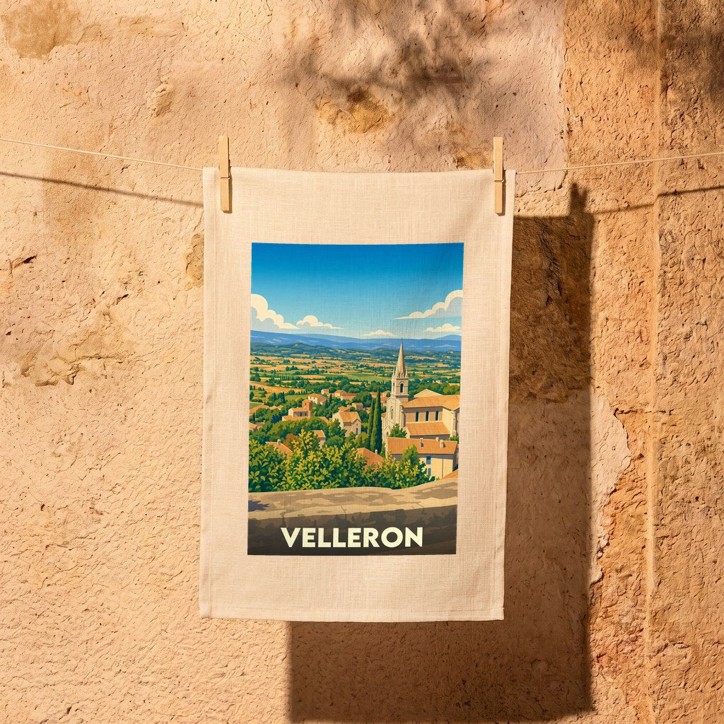 Torchon souvenir de la ville de Velleron avec une illustration stylisée d'un paysage provençal.