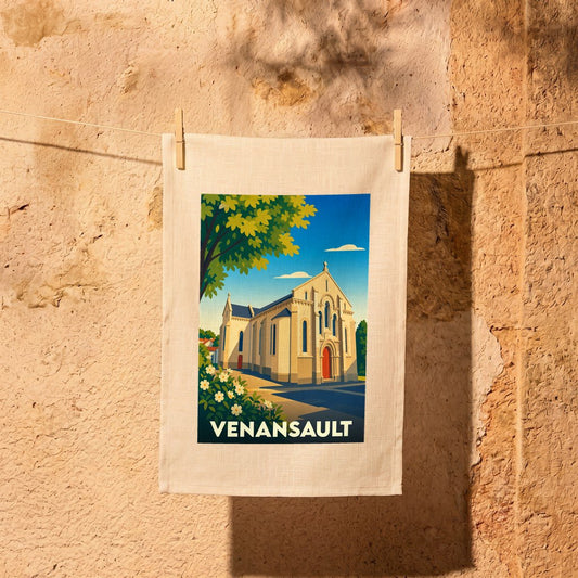 Torchon souvenir de la ville de Venansault avec une illustration stylisée de son église.