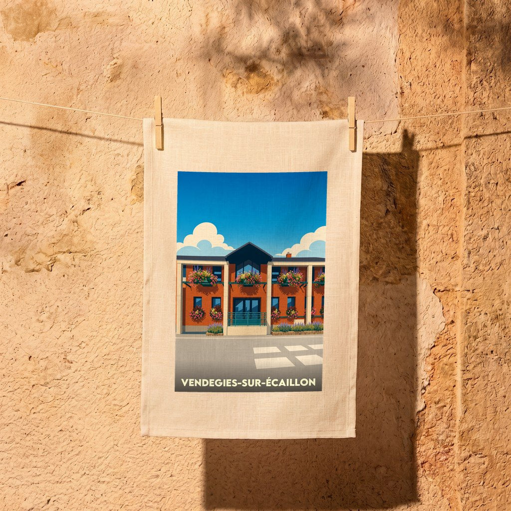 Torchon souvenir de la ville de Vendegies-sur-Écaillon avec une illustration stylisée de sa mairie fleurie.