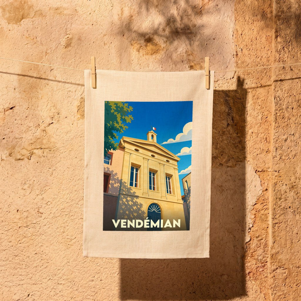 Torchon souvenir de la ville de Vendémian avec une illustration stylisée de sa mairie.