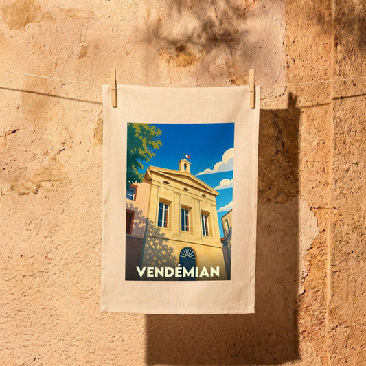 Torchon souvenir de la ville de Vendémian avec une illustration stylisée de sa mairie.