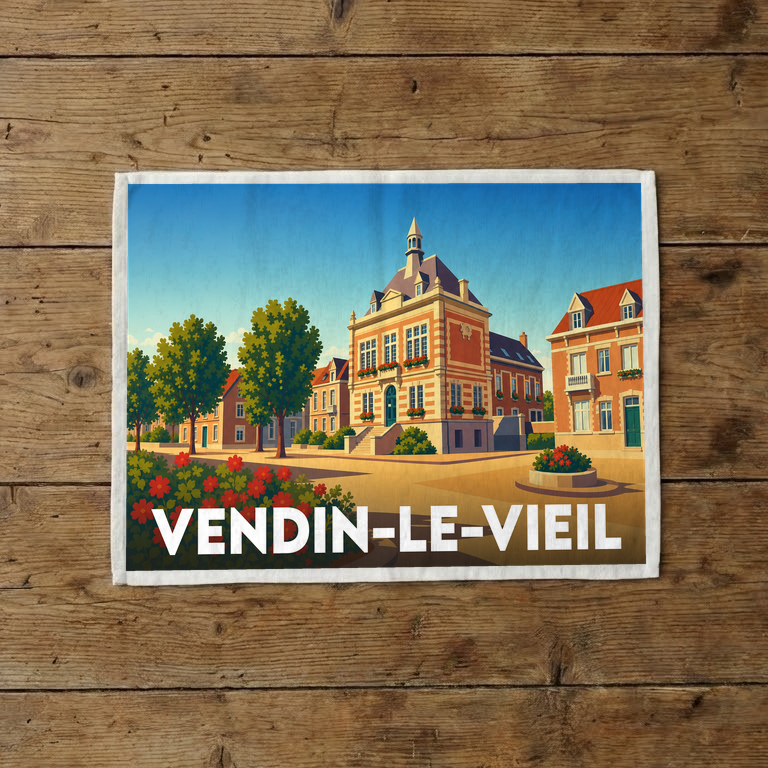 Torchon souvenir de la ville de Vendin-le-Vieil avec une illustration stylisée de sa mairie et de ses bâtiments typiques.