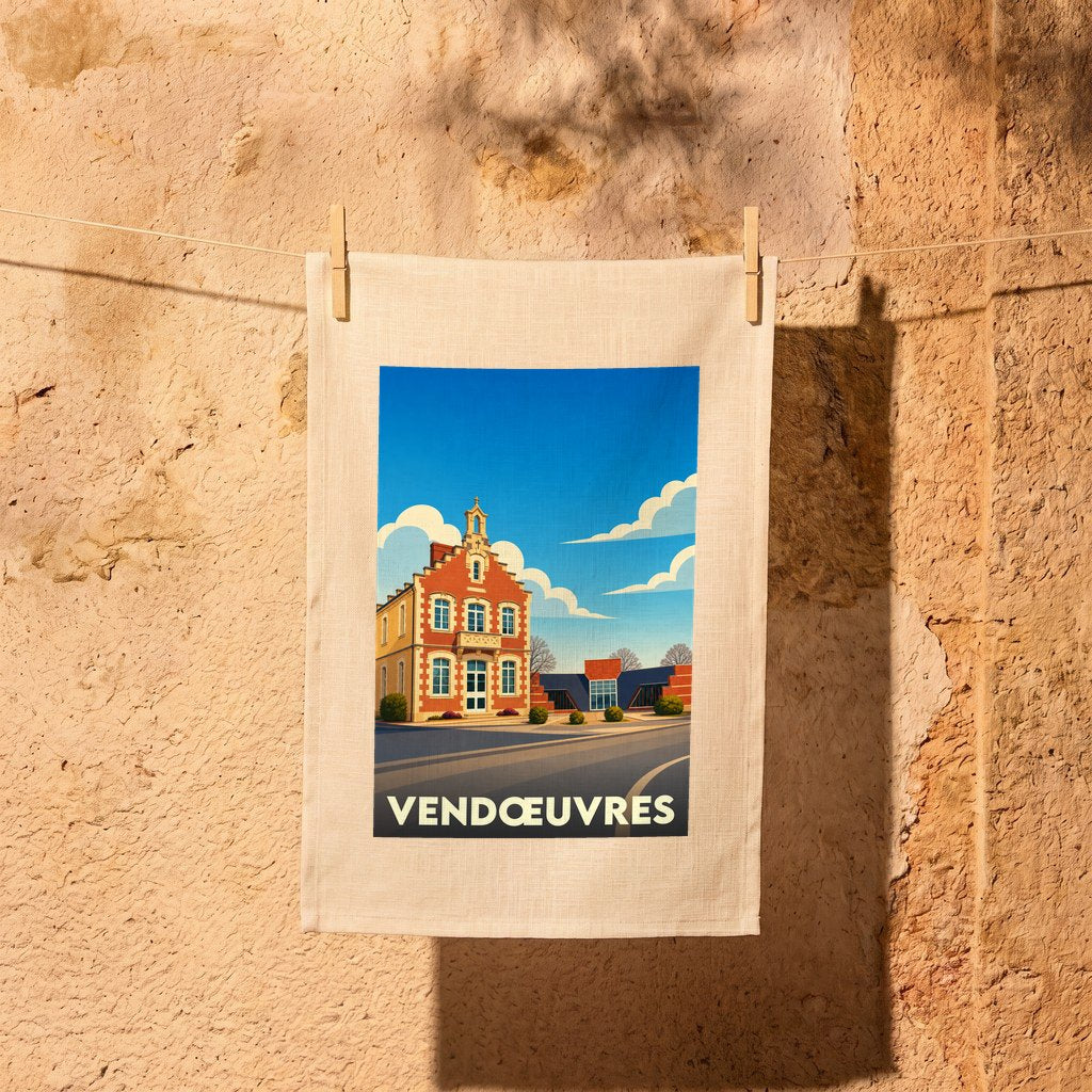 Torchon souvenir de la ville de Vendœuvres avec une illustration stylisée d'un bâtiment historique.