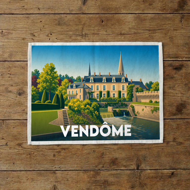 Torchon souvenir de la ville de Vendôme avec une illustration stylisée d'un château au bord de l'eau.