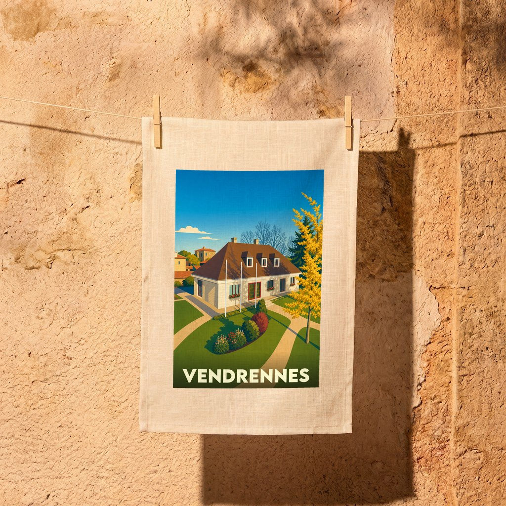 Torchon souvenir de la ville de Vendrennes avec une illustration stylisée de sa mairie.