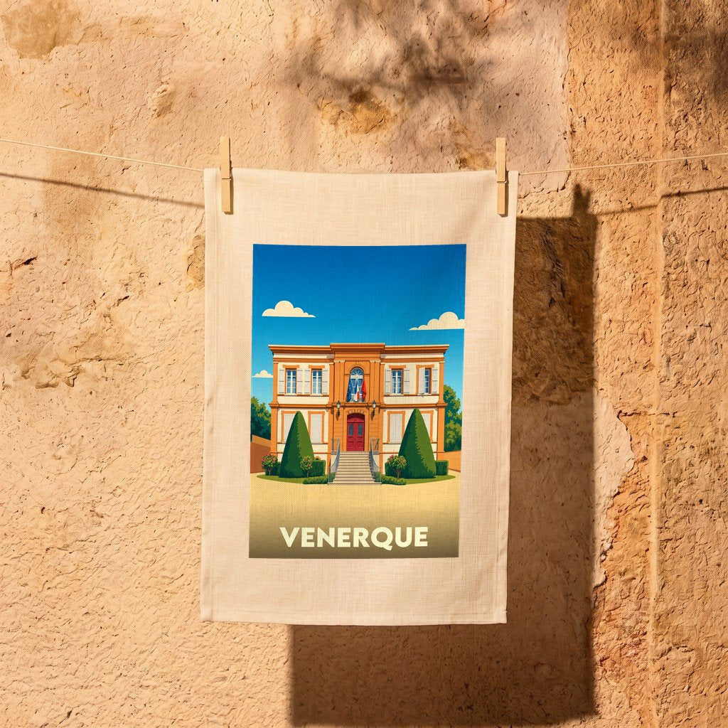 Torchon souvenir de la ville de Venerque avec une illustration stylisée de sa mairie.