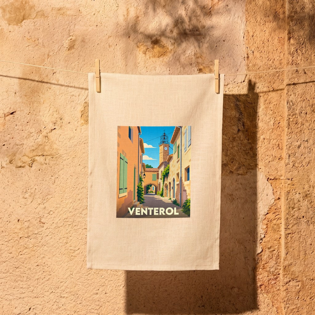 Torchon souvenir de la ville de Venterol avec une illustration stylisée d'une ruelle provençale.
