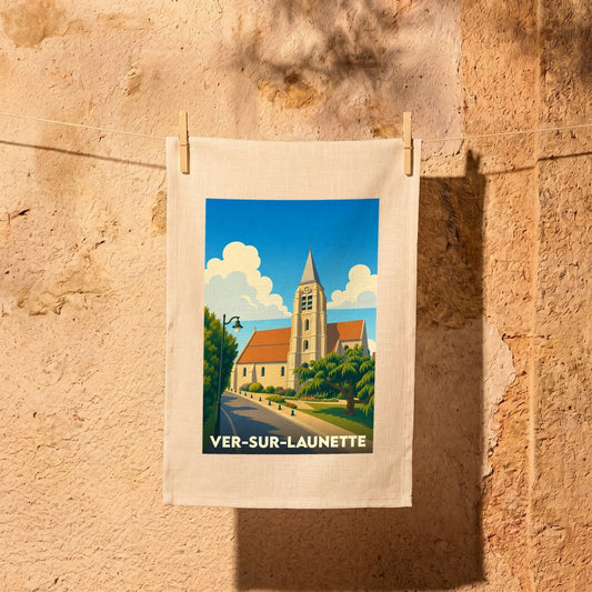 Torchon souvenir de la ville de Ver-sur-Launette avec une illustration stylisée.