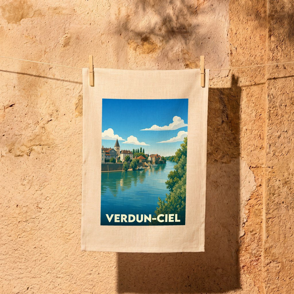 Torchon souvenir de la ville de Verdun-Ciel avec une illustration stylisée d'un paysage fluvial.
