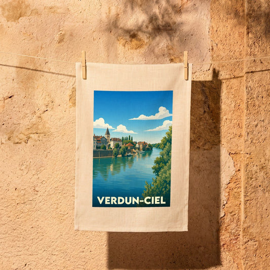 Torchon souvenir de la ville de Verdun-Ciel avec une illustration stylisée d'un paysage fluvial.