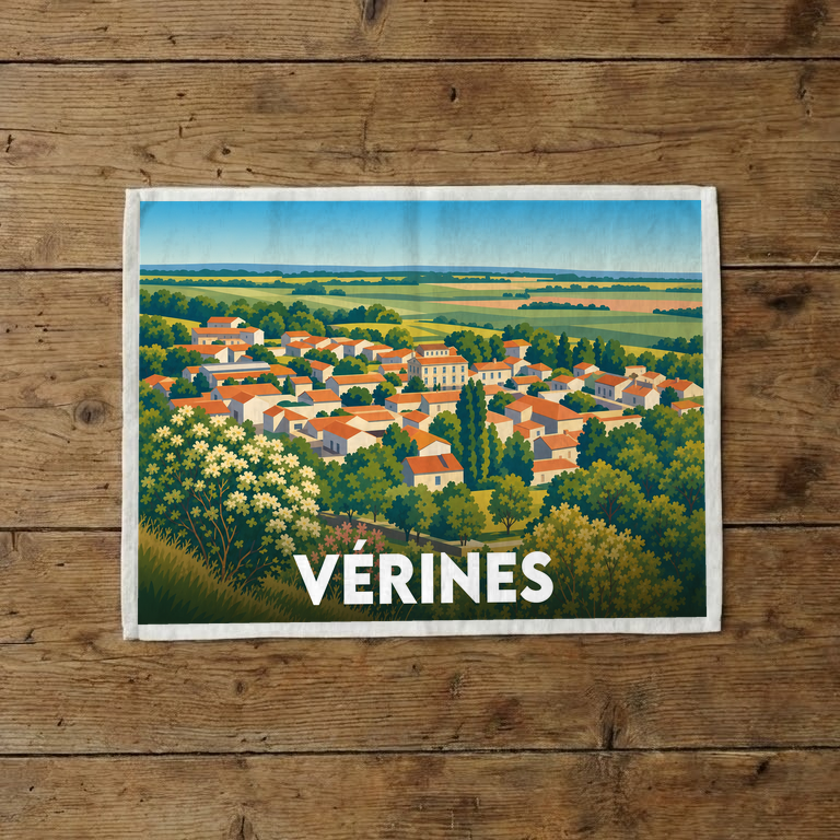 Torchon souvenir de la ville de Vérines avec une illustration stylisée du village.