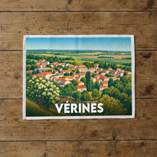 Torchon souvenir de la ville de Vérines avec une illustration stylisée du village.