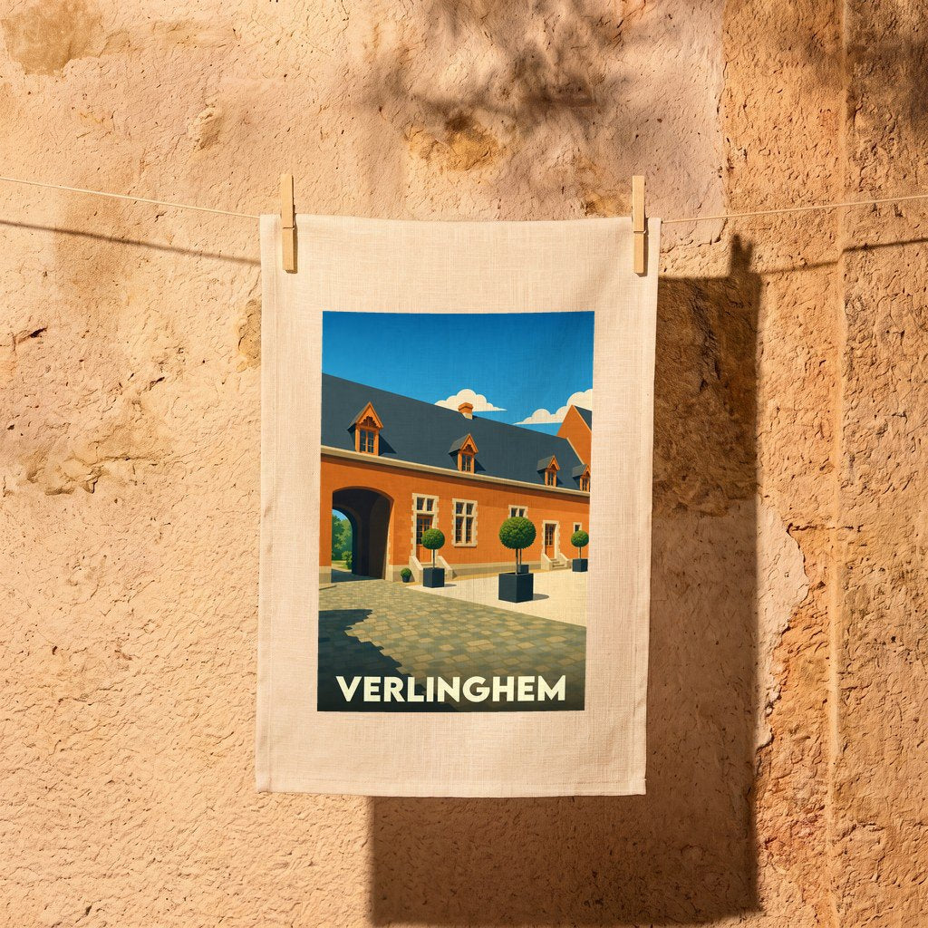 Torchon souvenir de la ville de Verlinghem orné d'une illustration stylisée de son patrimoine architectural.