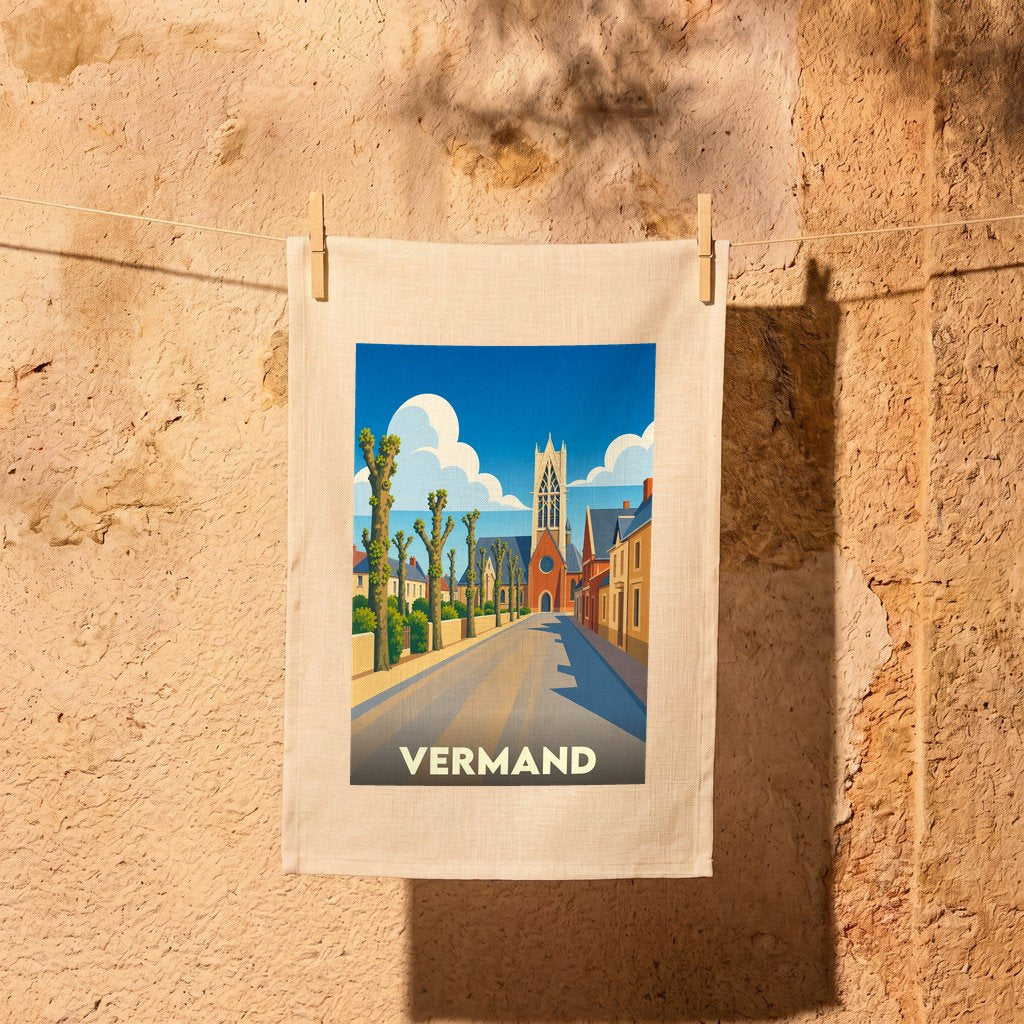 Torchon souvenir de la ville de Vermand orné d'une illustration stylisée de son église et de ses rues.