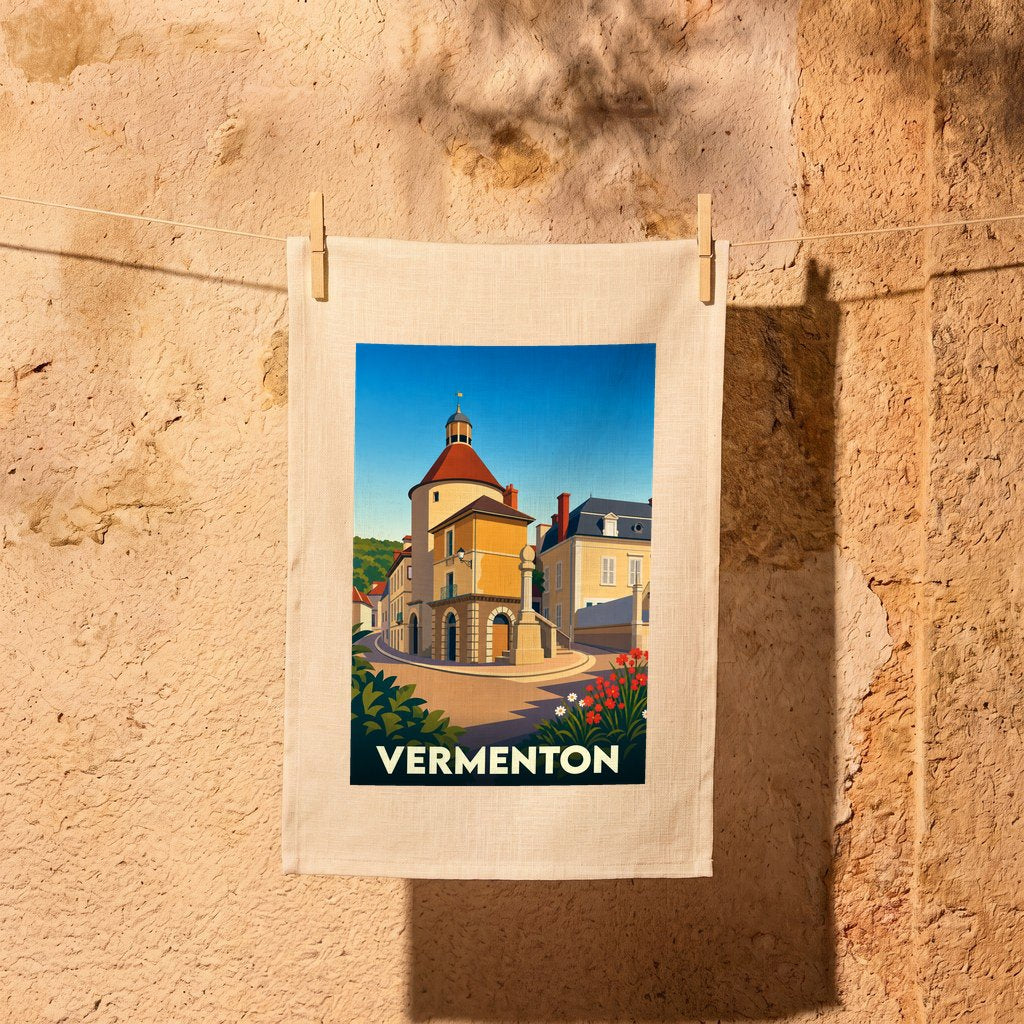 Torchon souvenir de la ville de Vermenton avec une illustration stylisée.