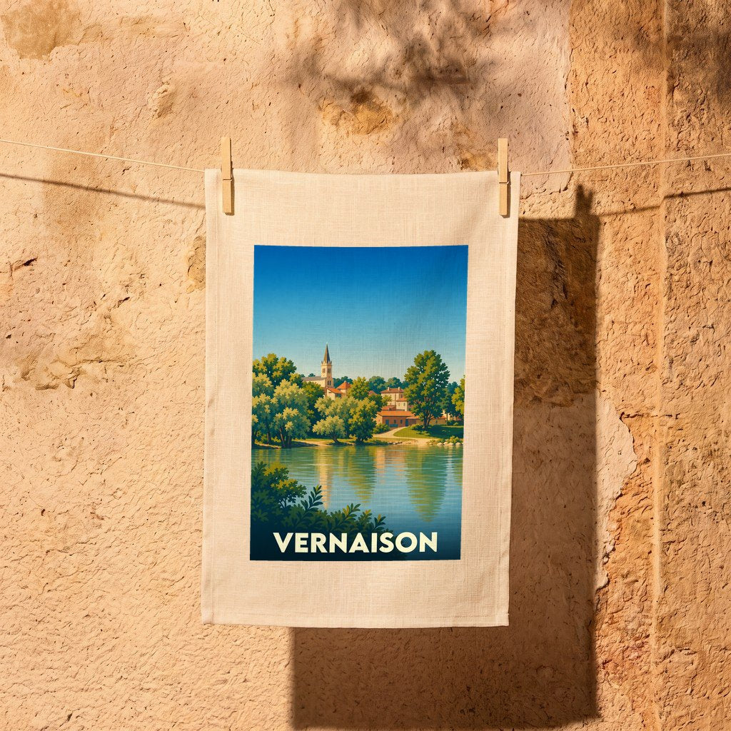 Torchon souvenir de la ville de Vernaison avec une illustration stylisée de ses bords de Saône.