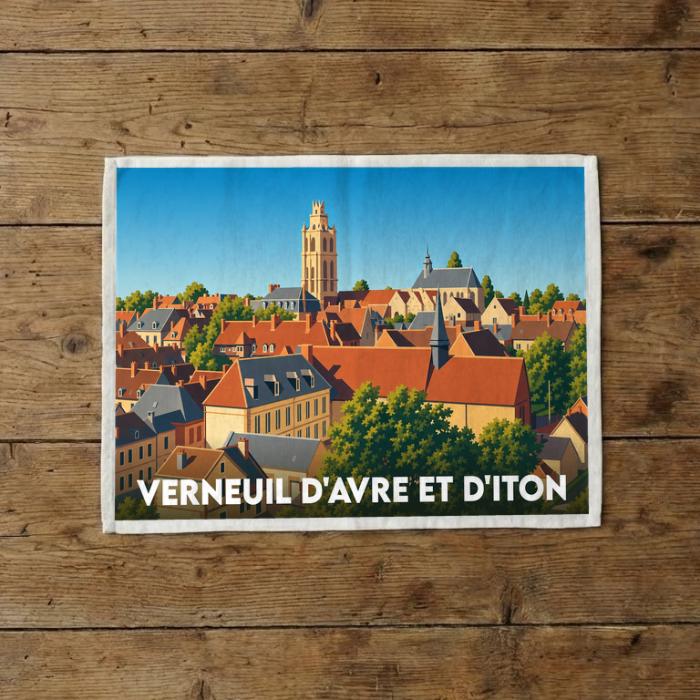Torchon souvenir de la ville de Verneuil d'Avre et d'Iton avec une illustration panoramique stylisée.