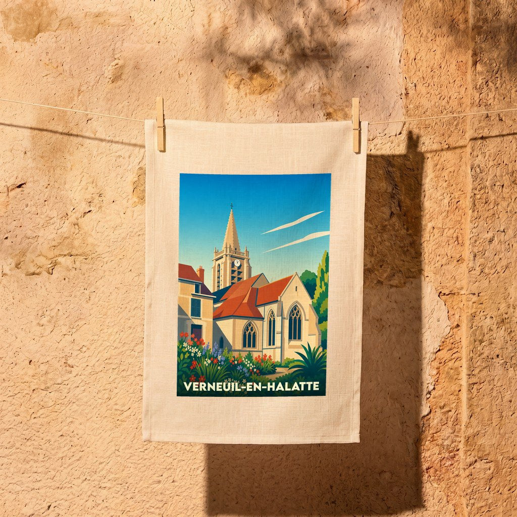 Torchon souvenir de la ville de Verneuil-en-Halatte avec une illustration stylisée de son église.