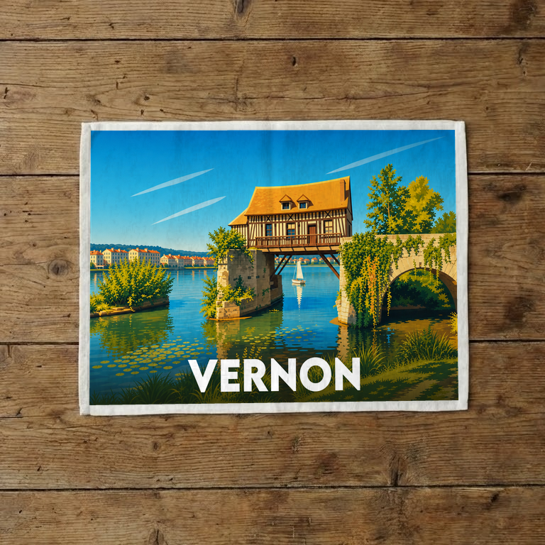Torchon souvenir de la ville de Vernon avec une illustration stylisée du Vieux-Moulin.
