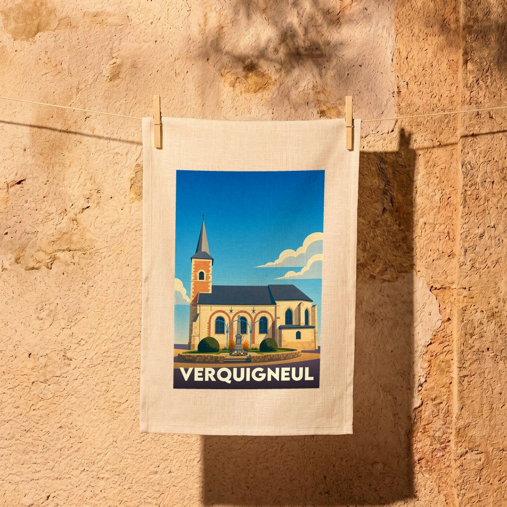 Torchon souvenir de la ville de Verquigneul illustré par un dessin stylisé de son église.