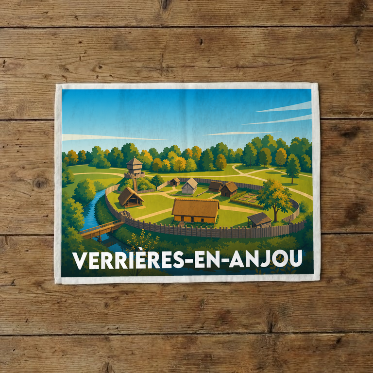Torchon souvenir de la ville de Verrières-en-Anjou illustré d'un village médiéval fortifié.