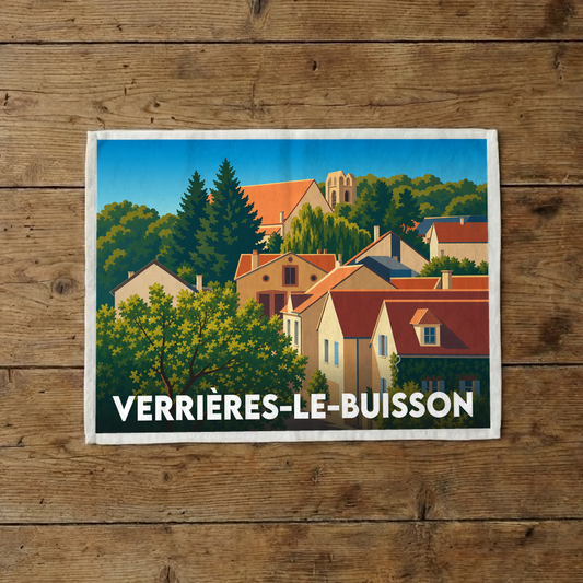 Torchon souvenir de la ville de Verrières-le-Buisson avec une illustration stylisée de ses maisons et de son église.