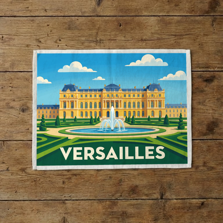 Torchon souvenir de la ville de Versailles avec une illustration stylisée du château et de ses jardins.