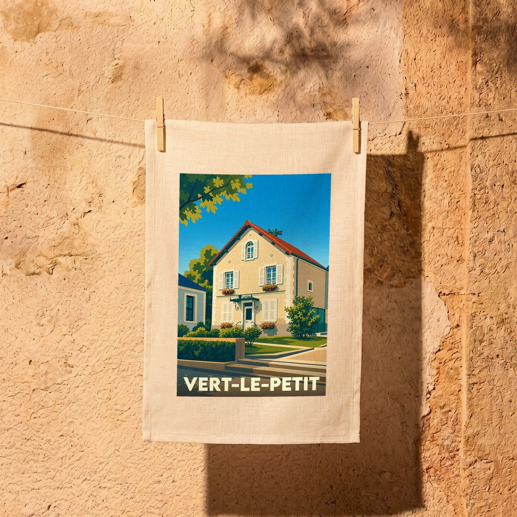 Torchon souvenir de la ville de Vert-le-Petit avec une illustration stylisée d'une maison traditionnelle.