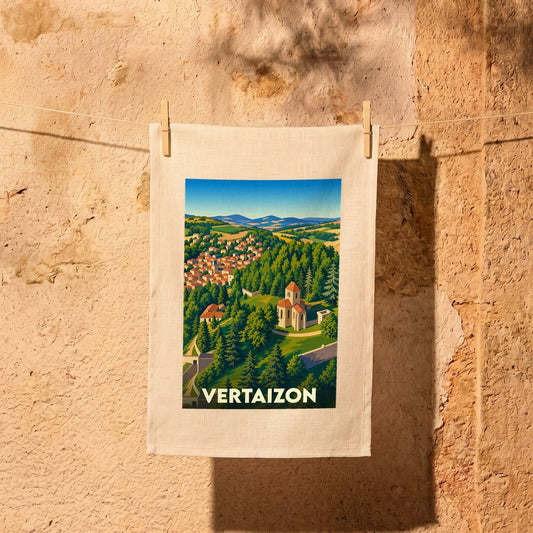 Torchon souvenir de la ville de Vertaizon avec une illustration stylisée.