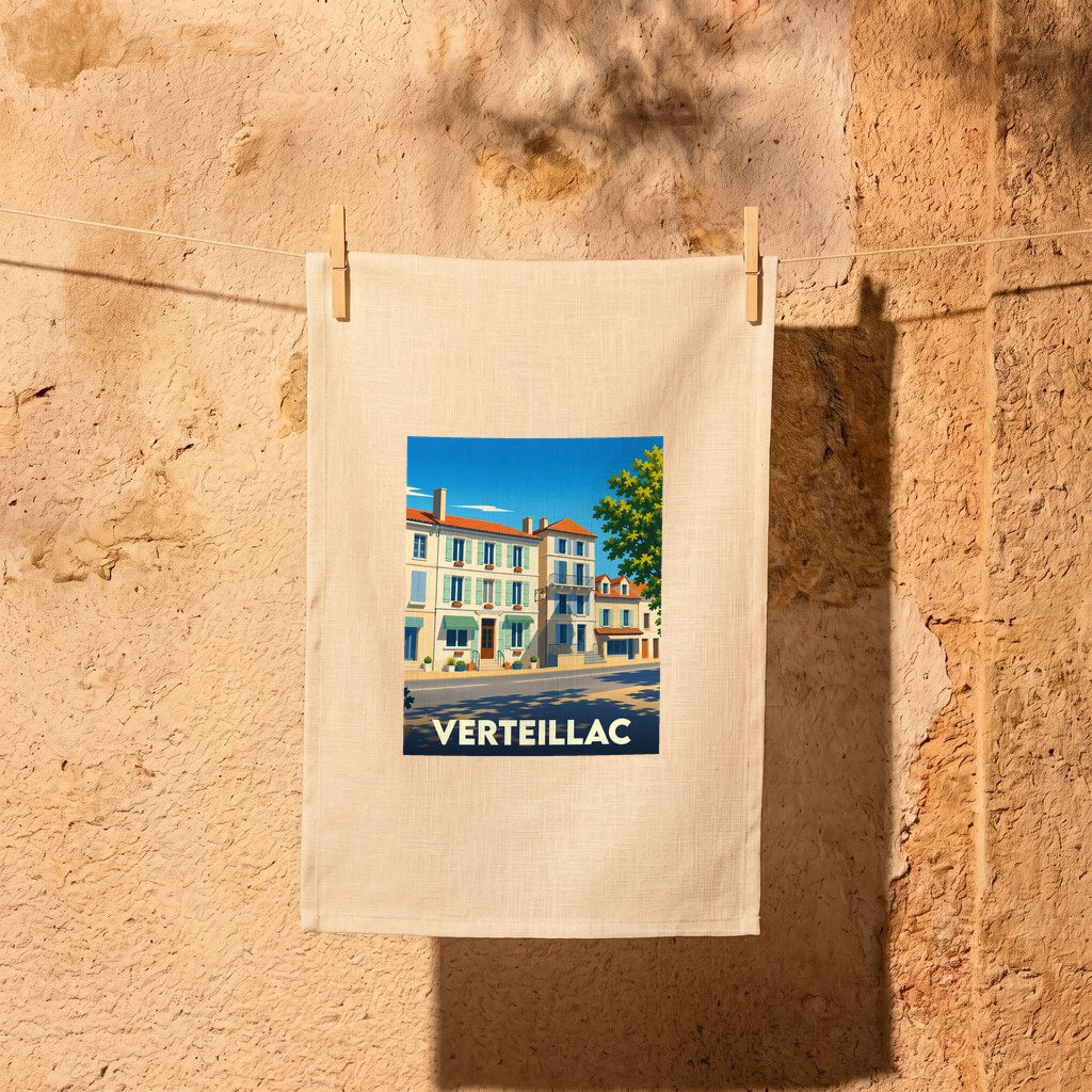 Torchon souvenir de la ville de Verteillac avec une illustration stylisée.