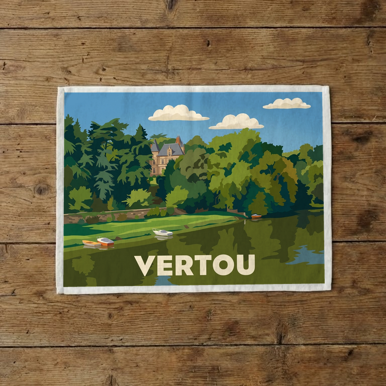 Torchon souvenir de la ville de Vertou avec une illustration stylisée d'un paysage de bord d'eau.