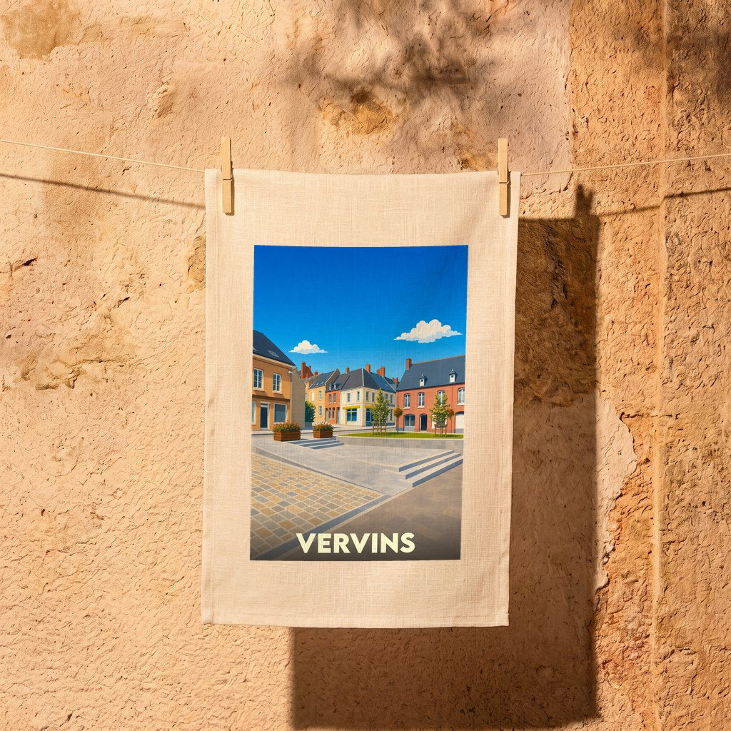 Torchon souvenir de la ville de Vervins avec une illustration stylisée.