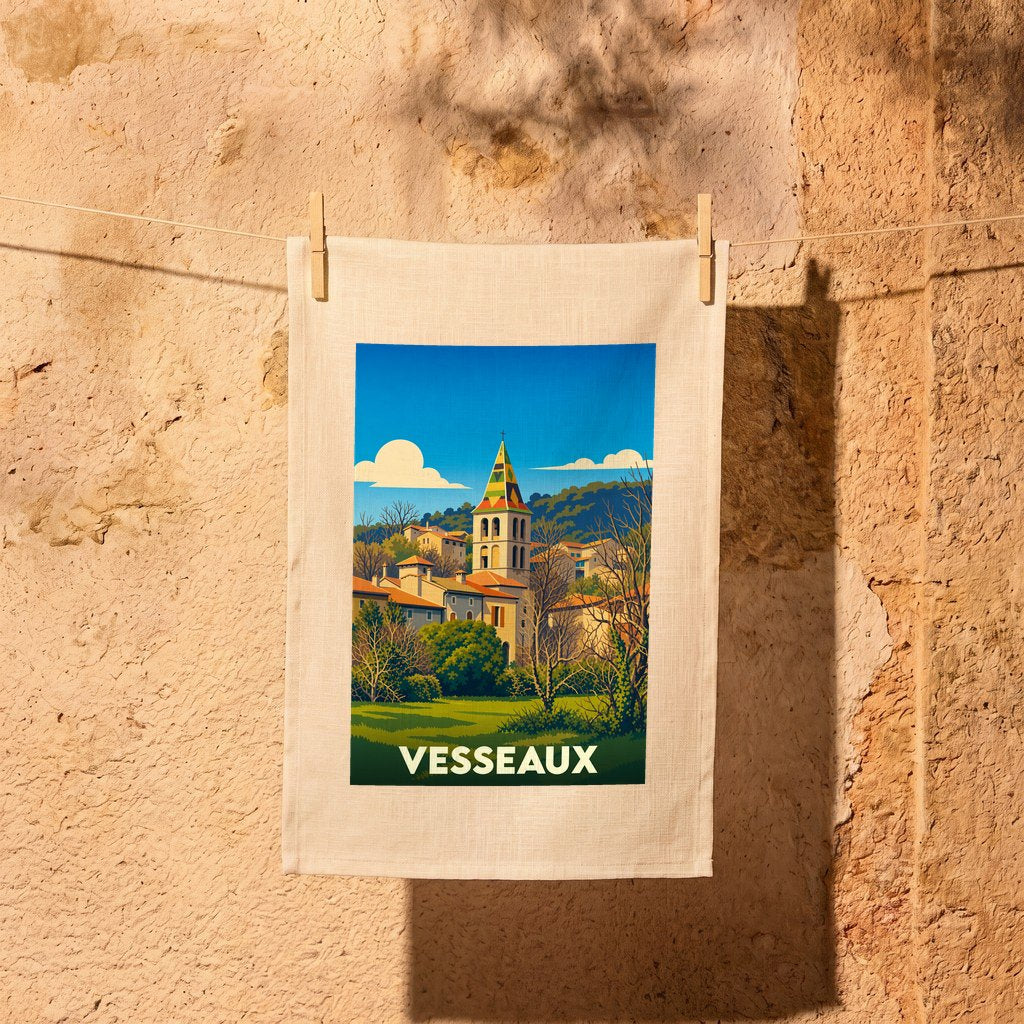 Torchon souvenir de la ville de Vesseaux avec une illustration stylisée d'un village et son clocher.