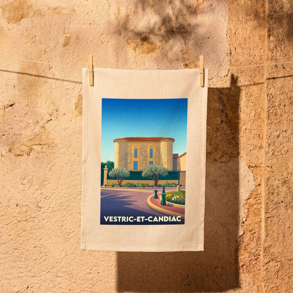 Torchon souvenir de la ville de Vestric-et-Candiac avec une illustration stylisée du château local.