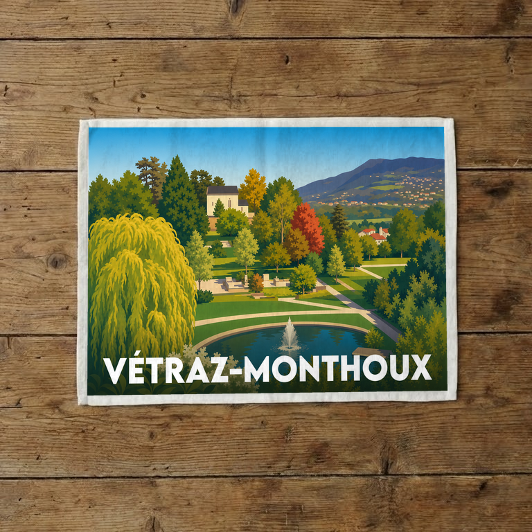 Torchon souvenir de la ville de Vétraz-Monthoux illustrant son parc arboré et sa fontaine dans un style rétro.