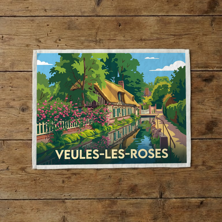 Torchon souvenir de la ville de Veules-les-Roses avec une illustration stylisée d'une maison fleurie au bord de l'eau.