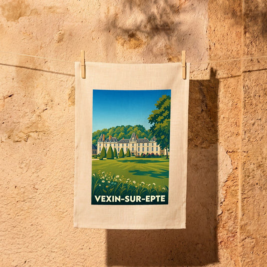 Torchon souvenir de la ville de Vexin-sur-Epte avec une illustration stylisée d'un château.