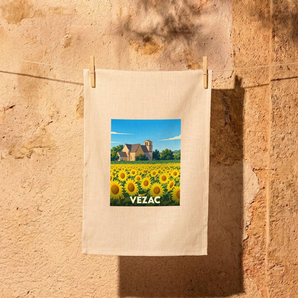 Torchon souvenir de la ville de Vézac orné d'une illustration stylisée de champ de tournesols et d'une église.