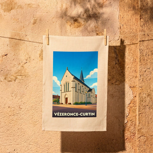 Torchon souvenir de la ville de Vézeronce-Curtin avec une illustration stylisée de son église.
